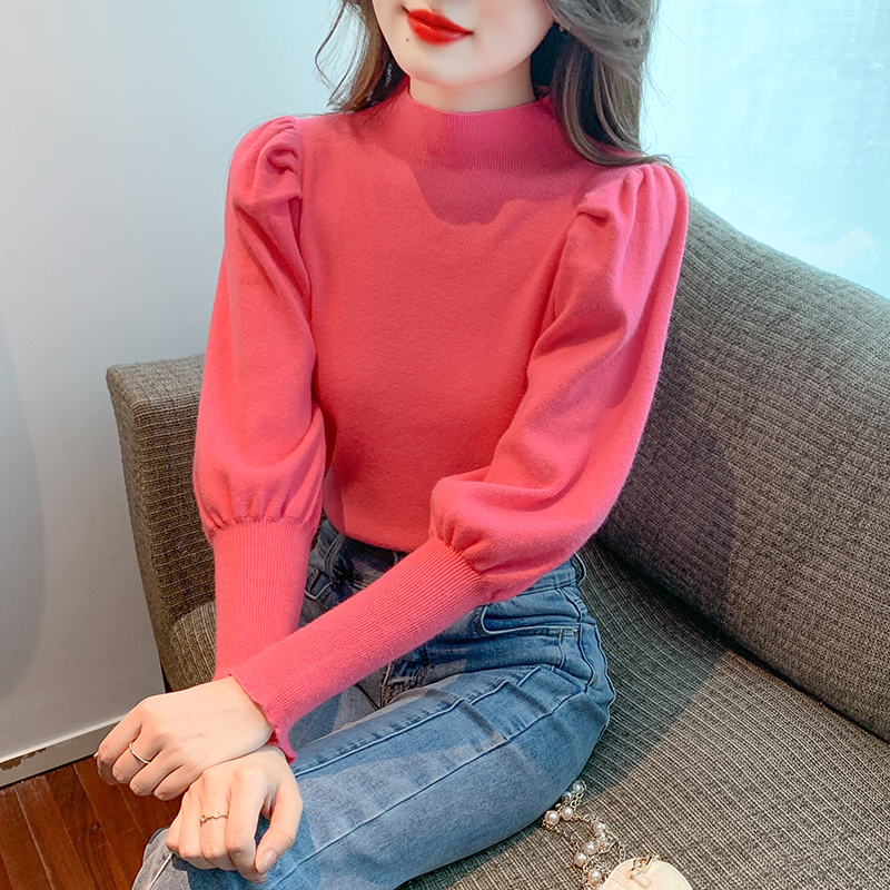 Real shot#New Winter Korean Slim Bottom Collar Knitted Lantern Sleeve Bottom Shirt Top