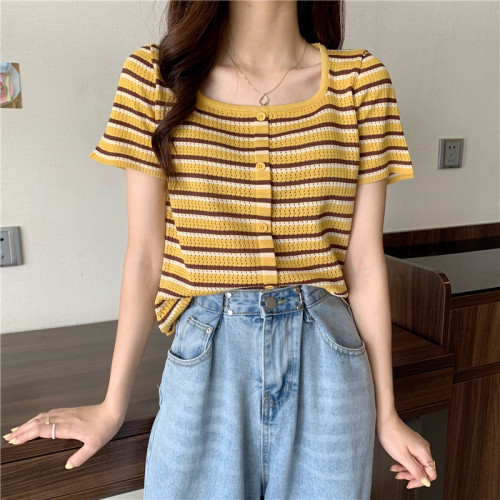 Hanfeng chic top summer women's new fashion loose short square neck design Short Sleeve Striped knitted T-shirt