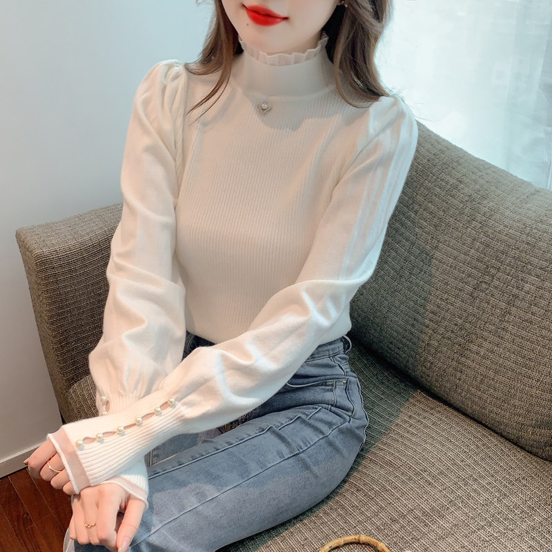 Real shot!  2022 autumn and winter new solid color lantern sleeves pearl collar long-sleeved slim knitted mid-neck bottoming top