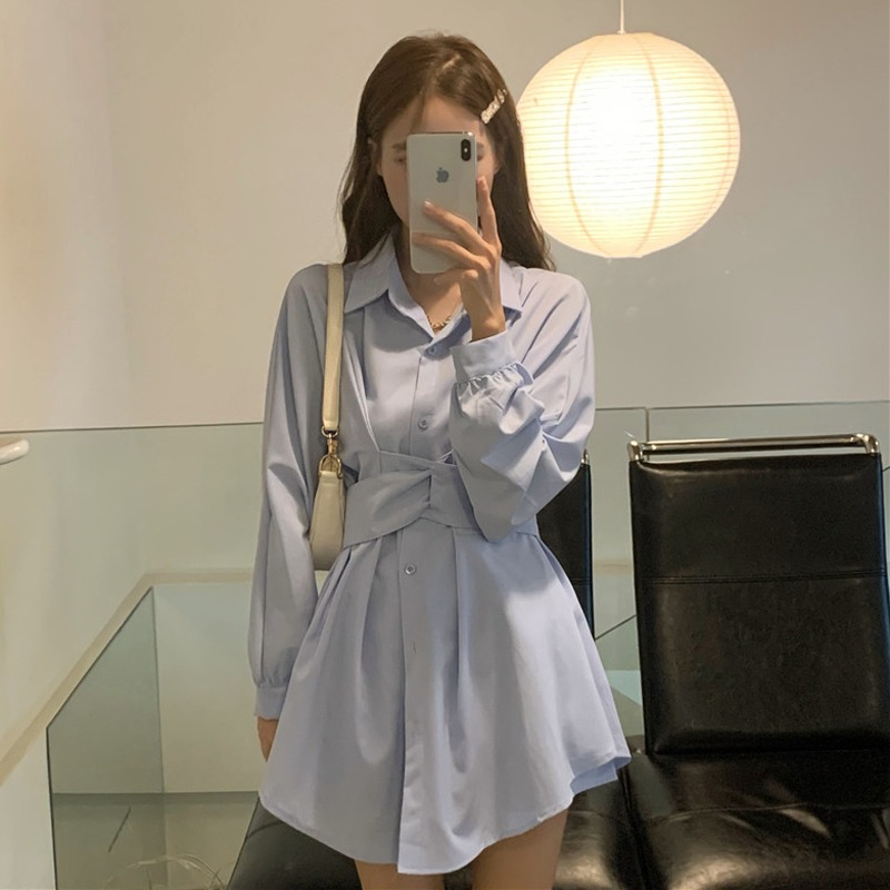 Design sense irregular A-line shirt skirt children's versatile temperament Korean gentle dress two-piece set