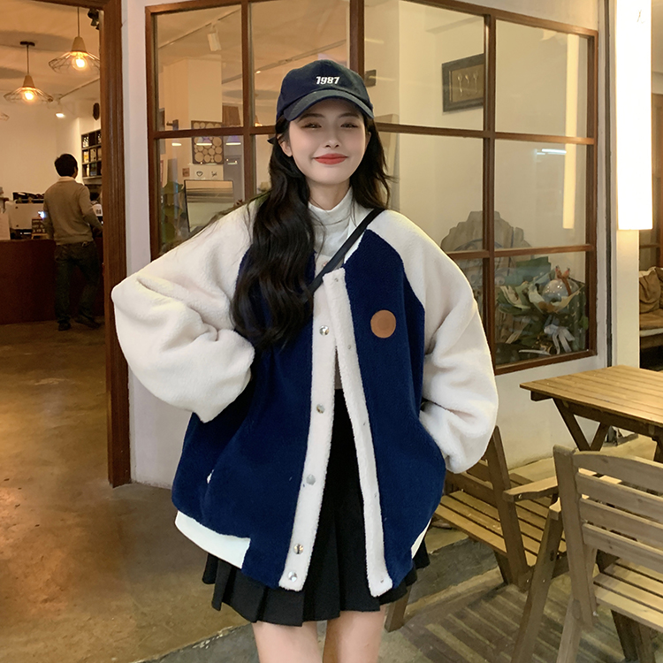 2022 new autumn and winter baseball uniform American style plus cotton tide stitching plush short jacket