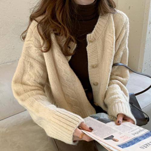 Chic jacquard knitted Short Jacket Women's spring autumn Vintage top loose versatile ins sweater cardigan