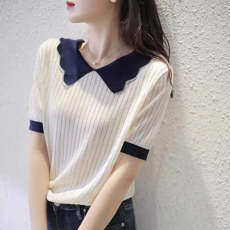 Elegant age reduction 2021 spring and summer new Lace Baby collar exquisite hollow out ice silk short sleeve T-shirt blouse