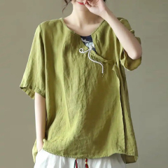 Retro twill Lapel Linen Shirt women's summer loose size Chinese embroidery blouse medium sleeve linen top
