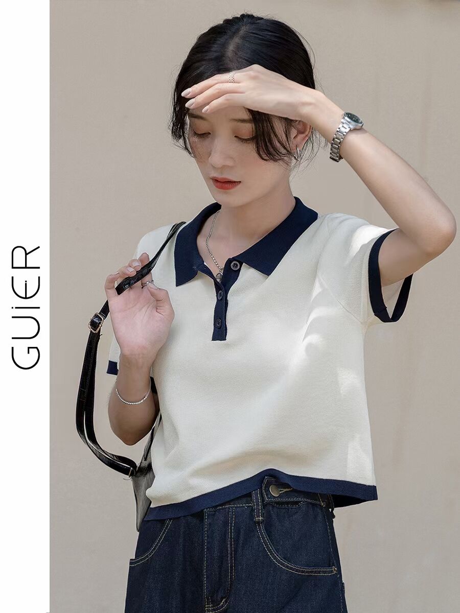 Guier color contrast polo women's summer short T-Shirt Top French minority thin short sleeve T-shirt