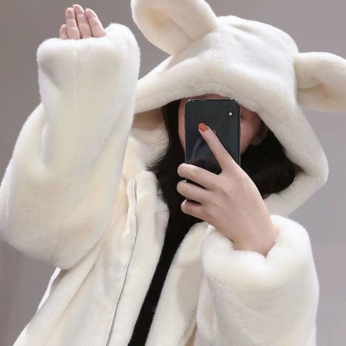  winter new hooded loose cute bear ears thickened plush medium and long imitation fur coat women