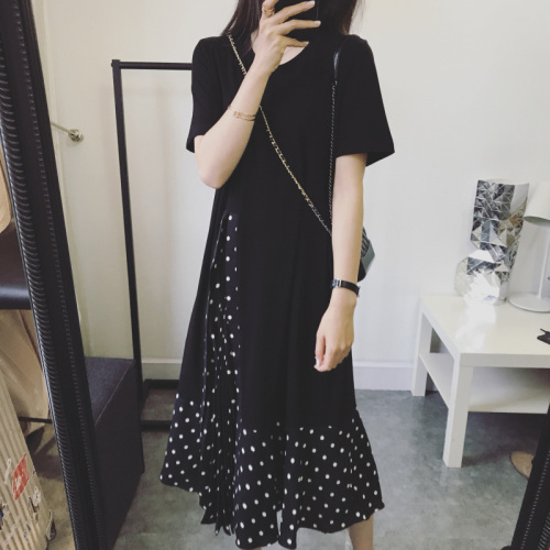 New black dress summer mid long loose casual show thin temperament splicing fake two small black skirt