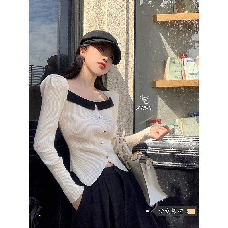 French square collar puff sleeve knitted sweater women's autumn and winter new short bottoming shirt design sense inner sweater top