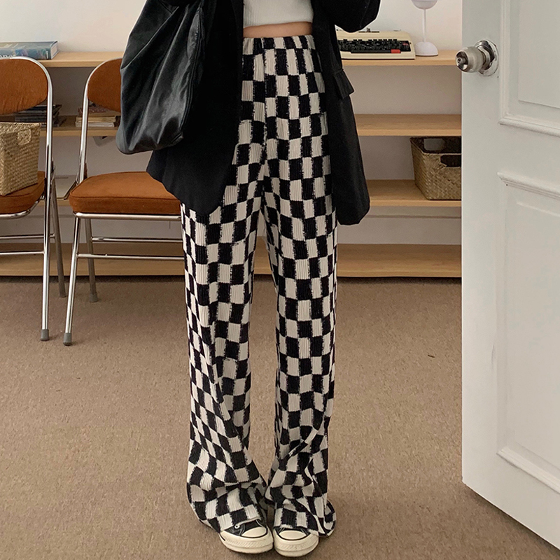 2022 autumn new Korean plaid pants fat mm large casual versatile high waist straight tube floor mop women