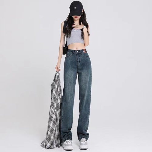 New slim all-match straight-leg mopping trousers trendy retro jeans women's loose wide-leg pants