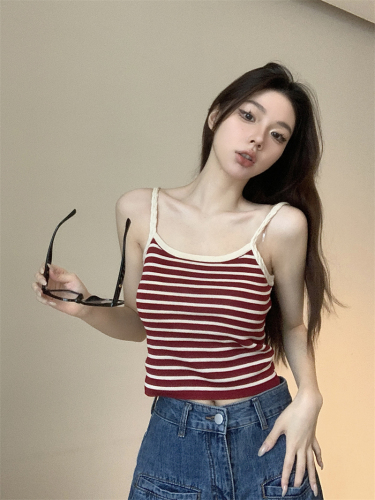 Real shot real price pure desire sweet and spicy striped small camisole female French style inside and outside wearing hot girl short top