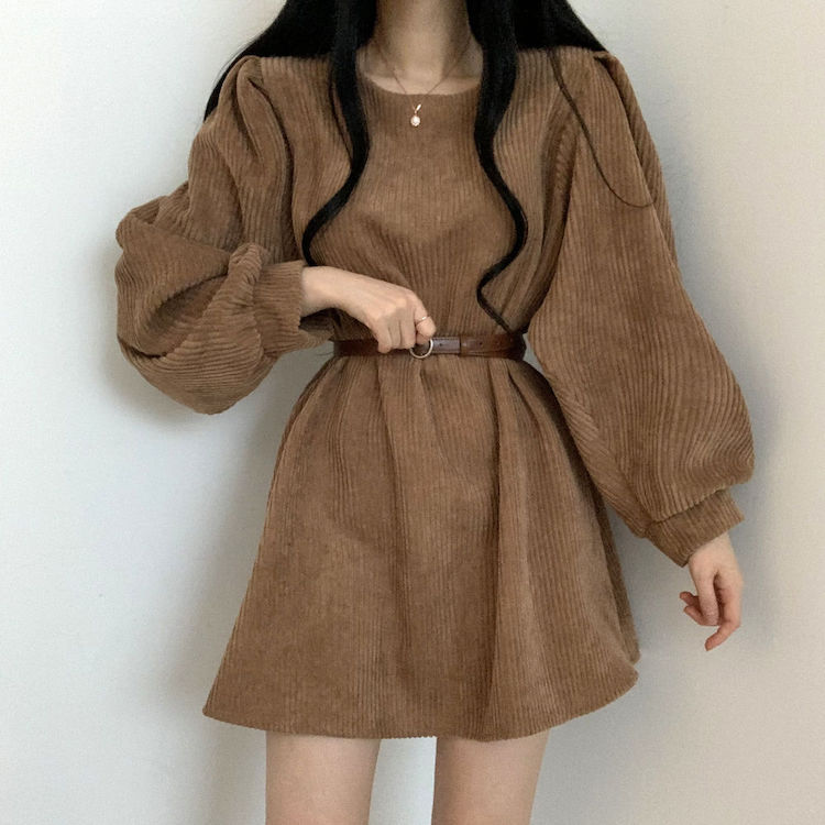 New corduroy lantern sleeves long sleeves bottomed out dress short skirt with belt