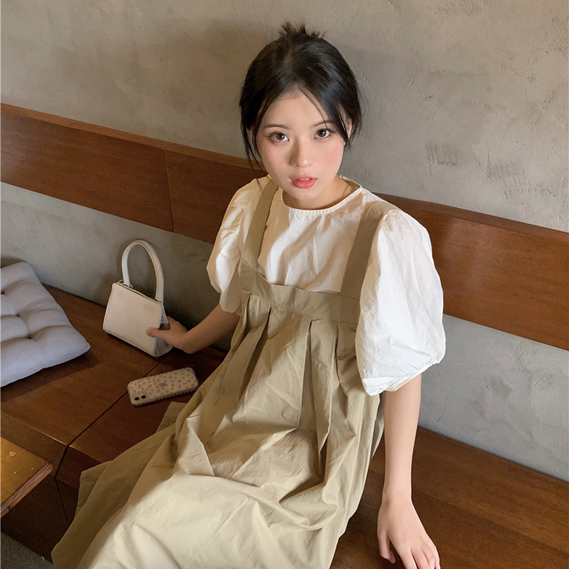 Khaki suspender skirt for women summer 2023 new loose French workwear dress small skirt two-piece set