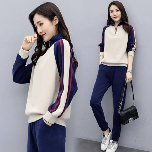 2021 autumn new sports suit women's long sleeved sweater pants two-piece stand collar splicing leisure suit Korean version