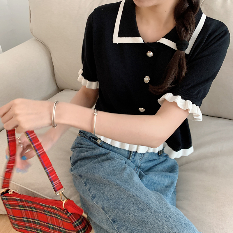 Design sense niche short sleeve T-shirt women's summer 2022 new summer clothes knitted doll collar short top
