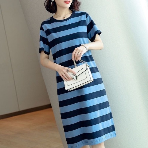 Striped dress 2020 summer new Korean version loose and thin medium and long style over the knee short sleeve T-shirt for women