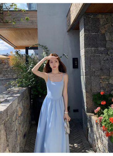 kumikumi gentle style blue simple suspender dress women's 2024 summer slim waist A-line skirt long skirt