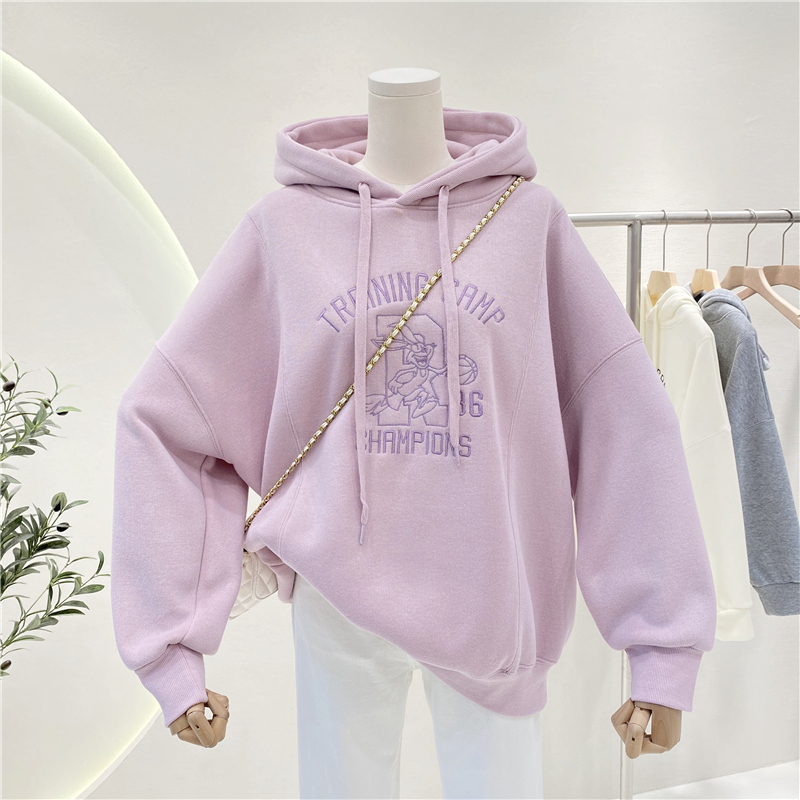 Autumn and winter large size sweater women's plus velvet oversize retro Hong Kong style hooded thick coat ins tide purple hooded