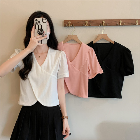 Design sense of minority summer fat mm irregular cross V-neck short chic top