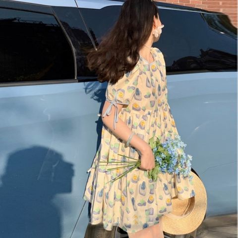 Sweet wind, salt, sweet, French Platycodon, sweet girl, broken flower, bubble sleeve, fluffy cake dress.