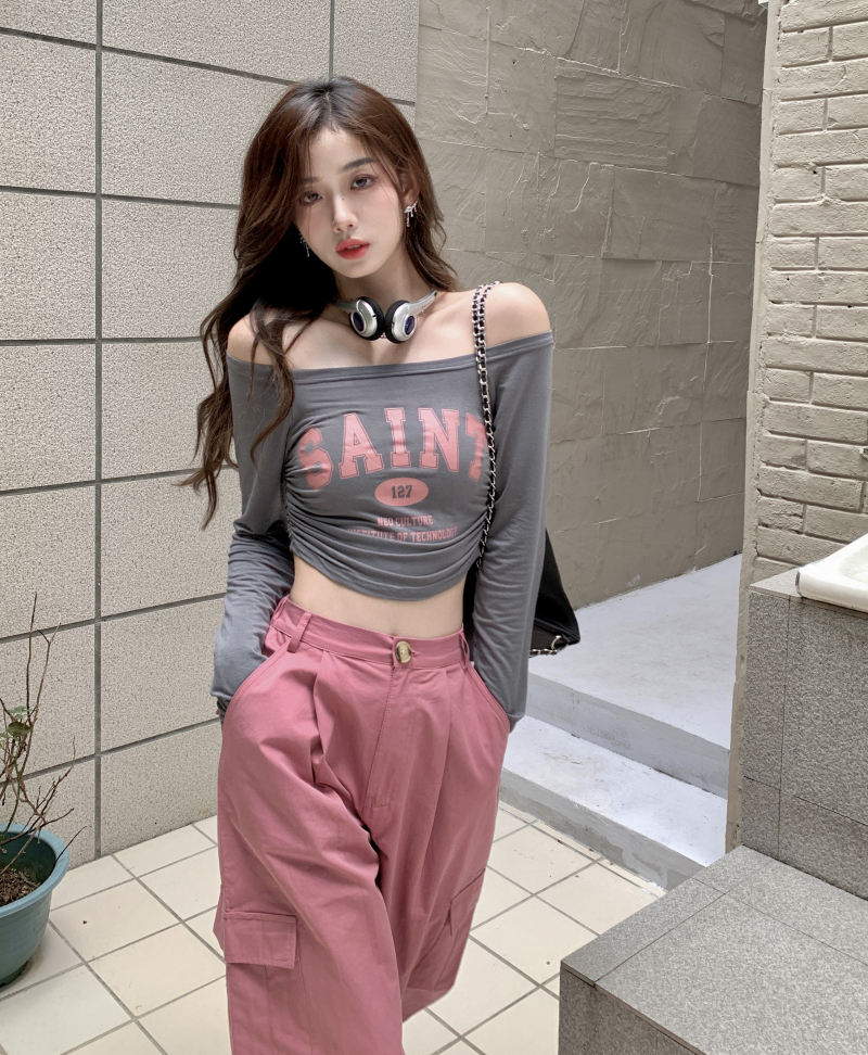 White one-shoulder long-sleeved T-shirt women's summer American retro wild hot girl sunscreen blouse slim short top