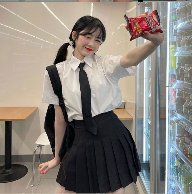 Summer shirt Japanese jk uniform white shirt women's short-sleeved loose design college style + black skirt