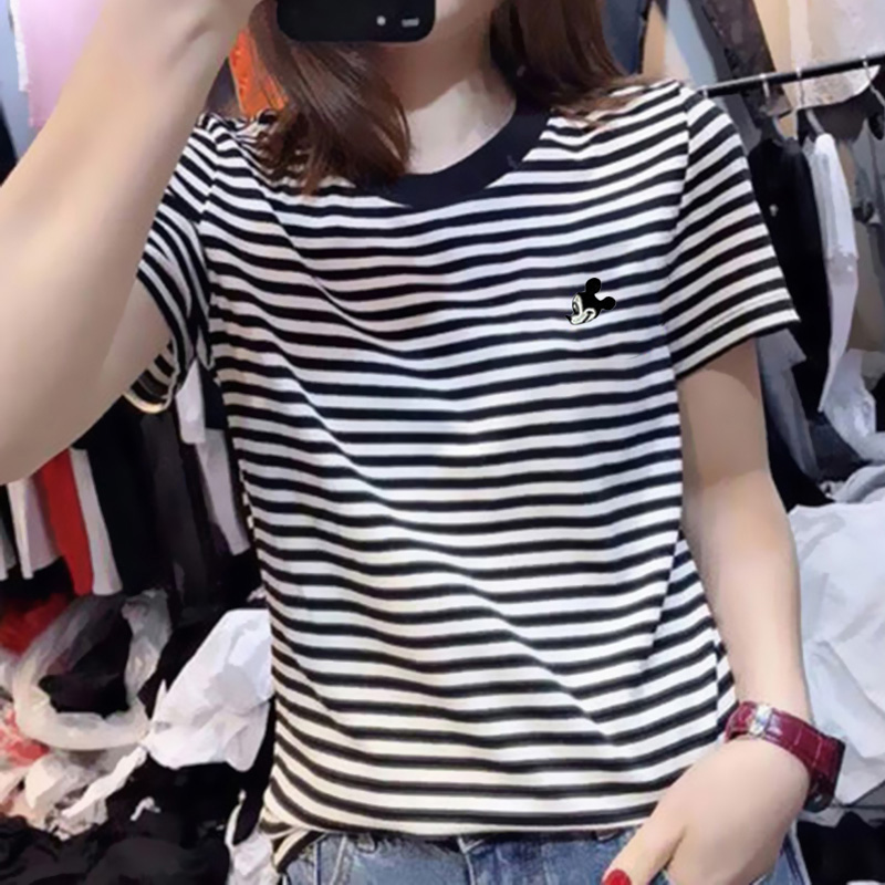 Korean spring and summer new fashion round neck Mickey head stripe short sleeve women's wear slim versatile trend