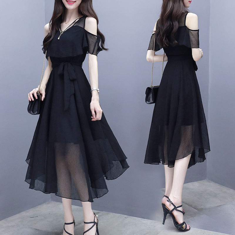 Medium length thin chiffon dress women's summer 2020 new Korean celebrity temperament fashion off shoulder dress