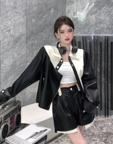 Real shot autumn new color matching motorcycle leather jacket top + high waist wide leg shorts suit female