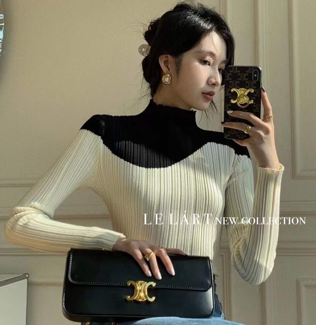 2022 winter new Korean version design sense color matching high-neck slim fit sweater women's long-sleeved top knitted bottoming shirt