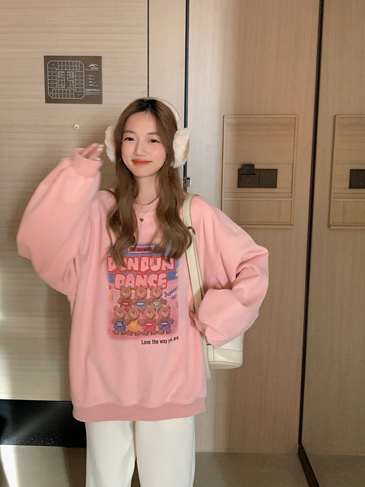 Official picture Winter thickened plus fleece sweater women's round neck printed back bag long-sleeved top