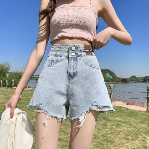 Actual shooting of summer 2022 hole Cowboy SHORTS women's summer tide ins high waist versatile slim hairy a-word Spice Girl
