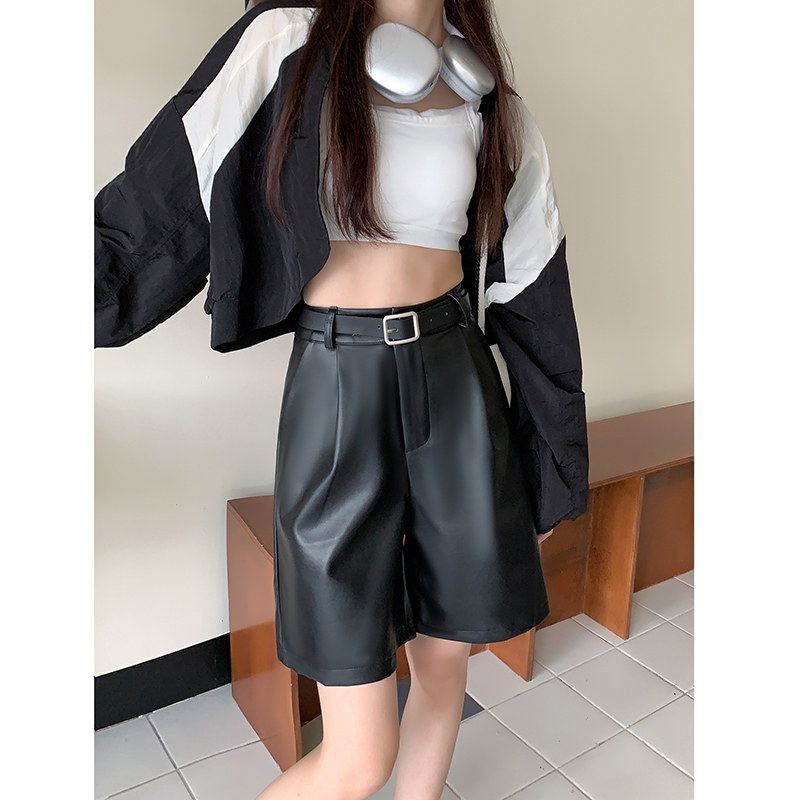 Real shot 2022 autumn and winter black high waist PU leather pants women's shorts new loose and thin all-match wide-leg pants