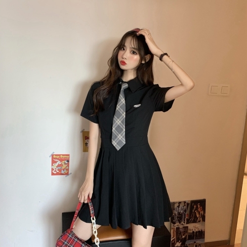 Real shot real price ~ Korean college Polo neckline pleated skirt uniform dress with tie