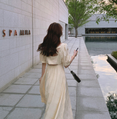 Real shot customized length available light yellow V-neck Chiffon Dress