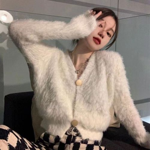 Mohair knitted sweater women's design sense cardigan sweater coat spring V-neck short loose pure desire wind top trendy