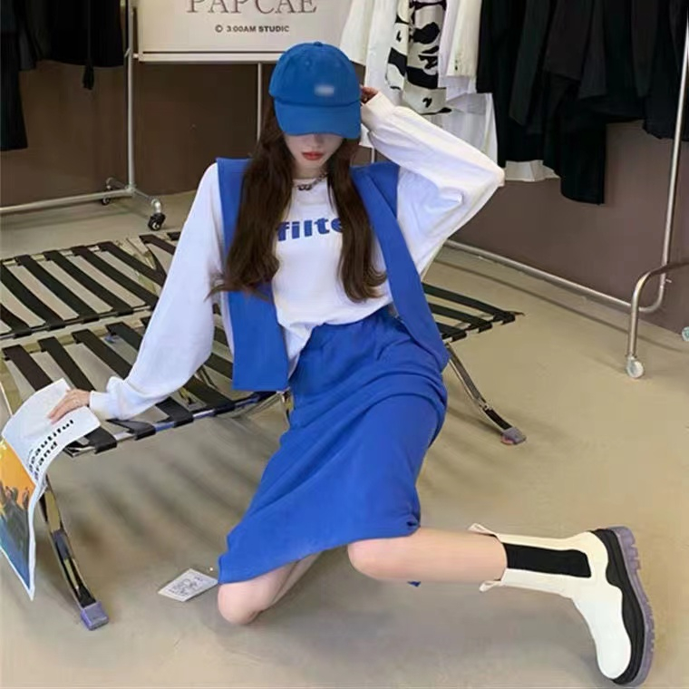 Klein blue fashion suit female student Korean version loose all-match slim sweater + skirt + shawl three-piece set