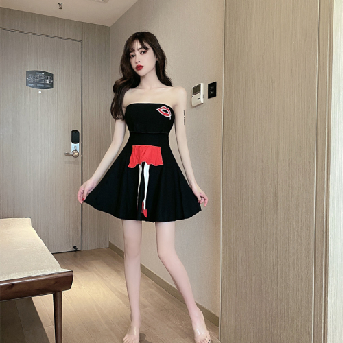 Real photo of new summer red lip embroidery open back bra sexy A-line dress nightclub skirt dress