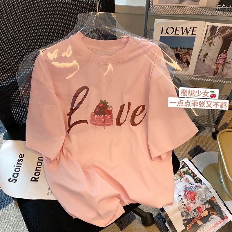 2023 new summer cotton back bag thread round neck printing large size women's all-match short-sleeved T