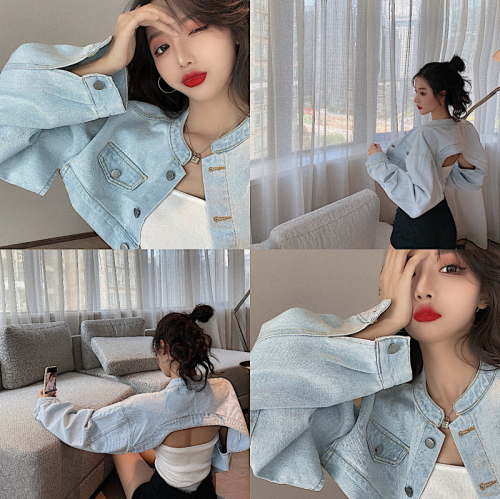 Real price summer air conditioning shirt made old washed blue denim jacket female back hollowed out long sleeve jacket