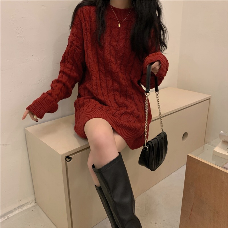 Christmas style red sweater women's autumn and winter outerwear thickened loose lazy wind mid-length twist knitted sweater top
