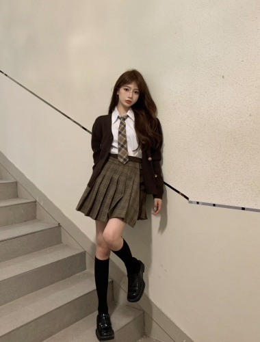 Real price Korean autumn and winter school uniform style knitted sweater shirt with A-line Pleated Skirt Set