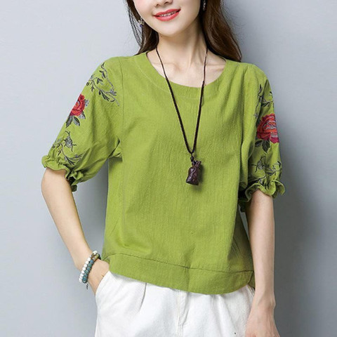 Embroidered cotton linen T-shirt women's summer large size cover belly thin top middle sleeve white loose short sleeve T-shirt