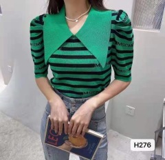 Korean version baby collar bubble sleeve stripe letter jacquard short sleeve