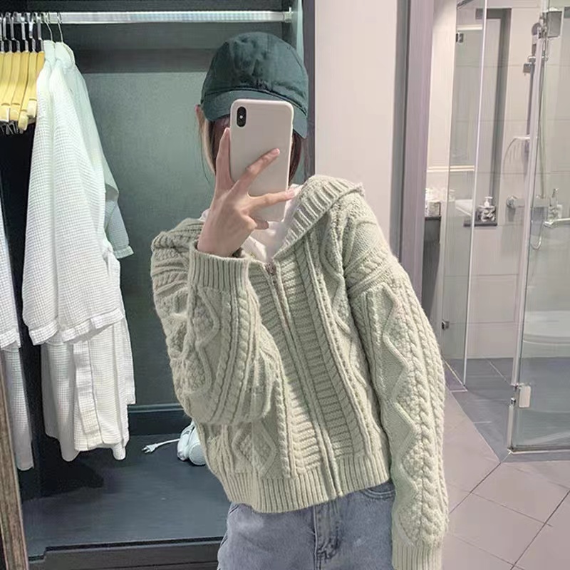 Very fairy sweater student lazy style short autumn and winter new fried dough twist hooded knitted loose cardigan coat