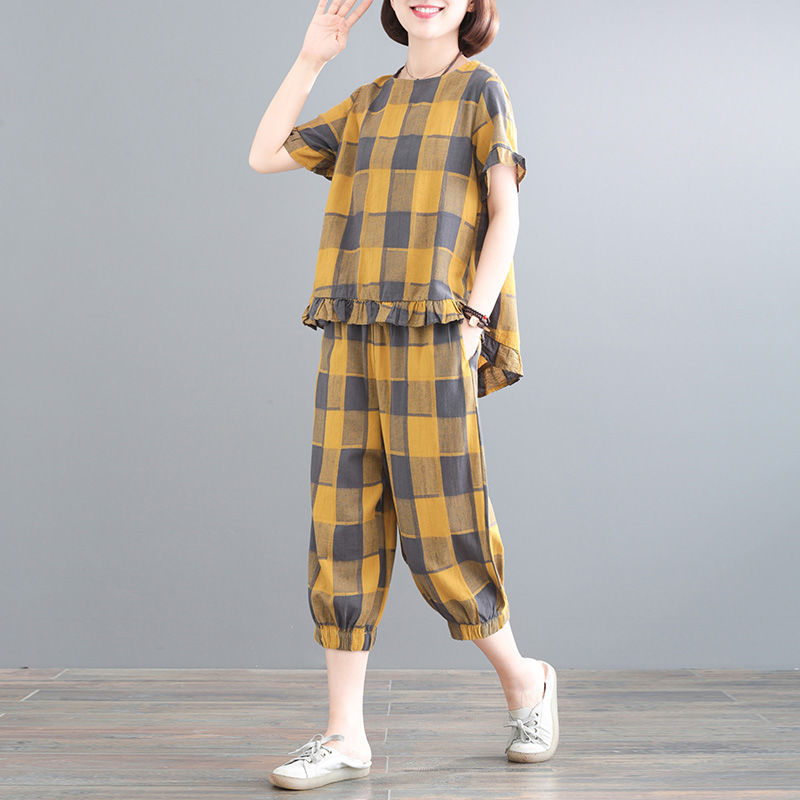 200 catties fat mm large size casual suit women's summer new plaid art loose fashion two-piece set