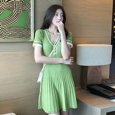 Summer new style Hong Kong style knitted collar medium length short sleeve dress women's slim fitting color matching vest skirt fashion