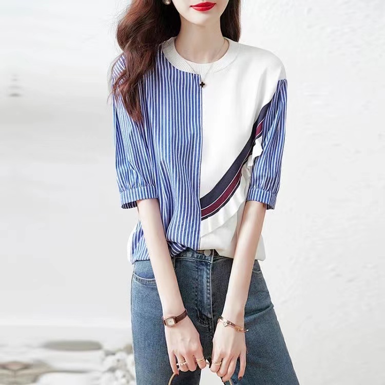 Knitted stitching striped shirt women's summer new design sense foreign style Joker casual crew neck T-shirt thin coat