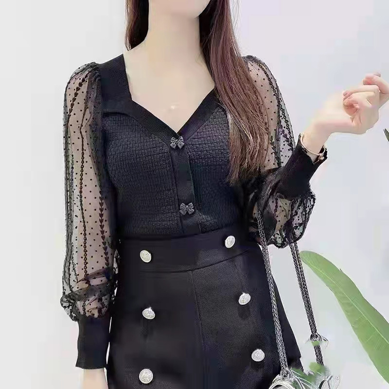 2021 new autumn temperament bowknot mesh splicing long sleeve sweater women's French retro slim top