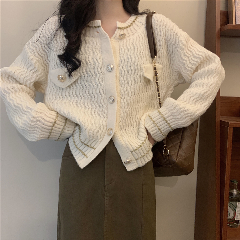 Real price autumn and winter new small fragrance round neck knitted sweater cardigan top